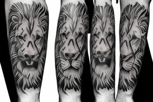 Lower sleeve with lion, cross, tattoo idea