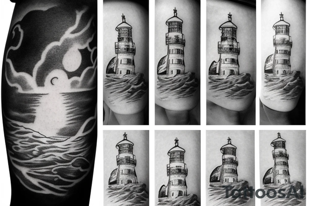 Lighthouse on stormy seas shining above the clouds with rising sun rays tattoo idea Lighthouse on stormy seas shining above the clouds with rising sun rays tattoo idea
