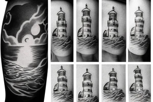 Lighthouse on stormy seas shining above the clouds with rising sun rays tattoo idea