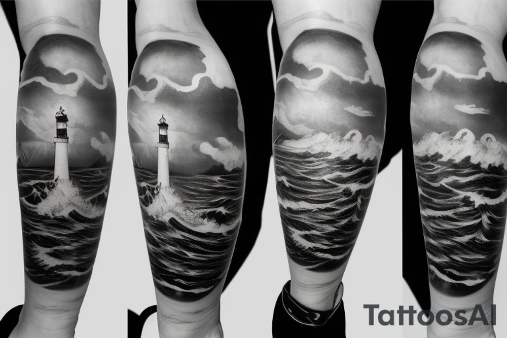 Lighthouse on stormy seas shining above the clouds with rising sun rays tattoo idea