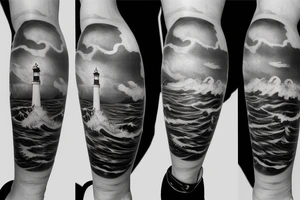 Lighthouse on stormy seas shining above the clouds with rising sun rays tattoo idea