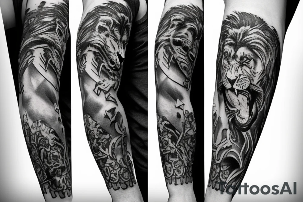 Lower sleeve with lion, cross, tattoo idea