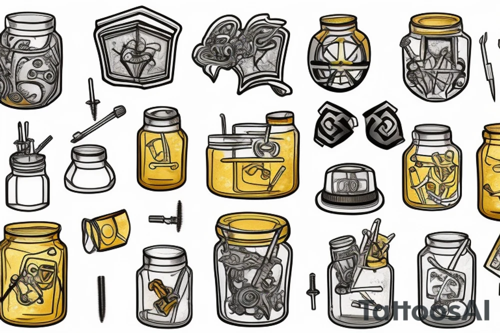 Jar with screws and golden lighting tattoo idea