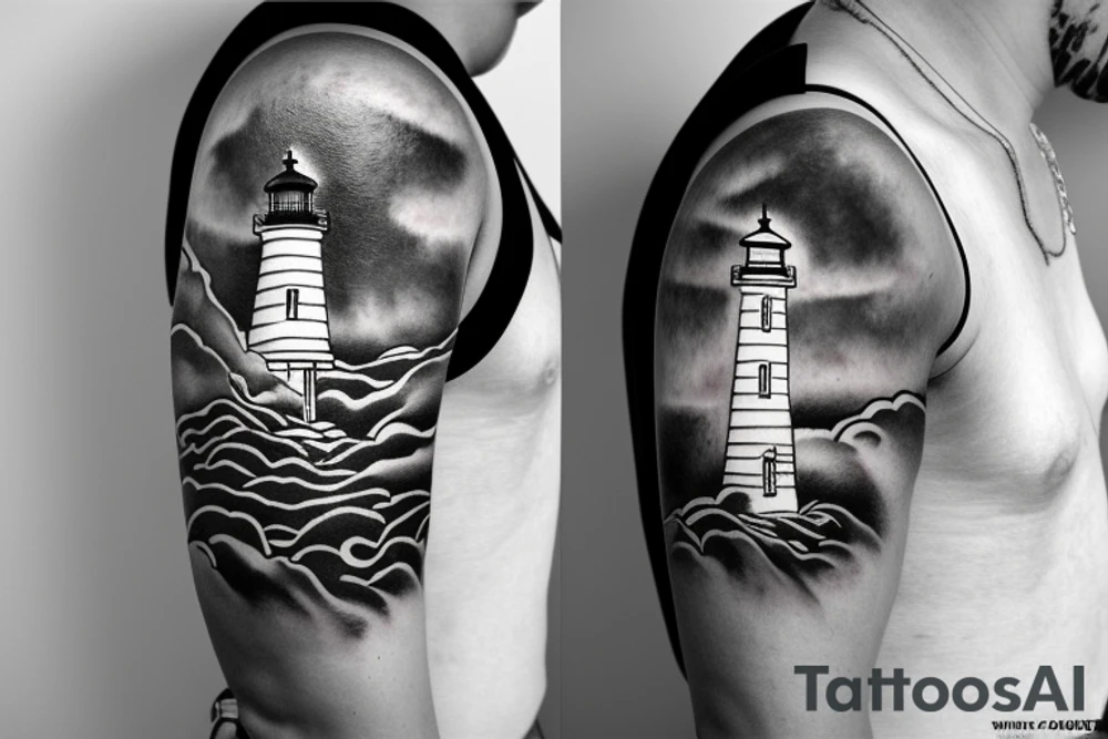 Lighthouse on stormy seas shining sun rays above the clouds tattoo idea
