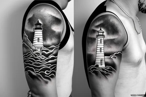 Lighthouse on stormy seas shining sun rays above the clouds tattoo idea