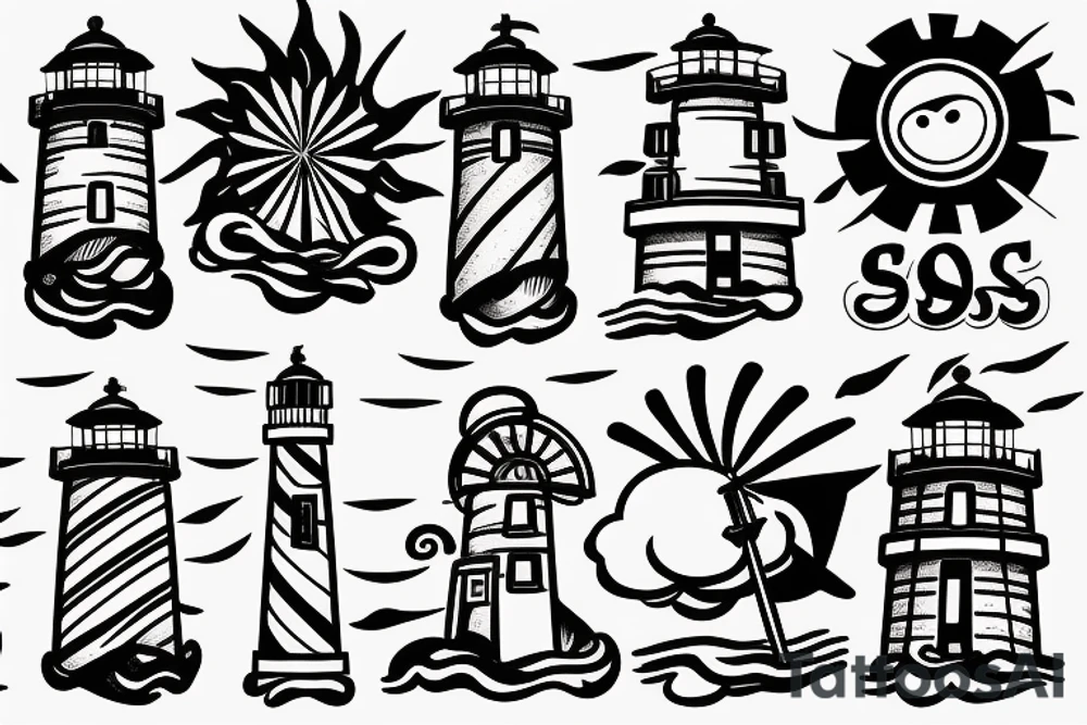Lighthouse on stormy seas shining sun rays above the clouds tattoo idea