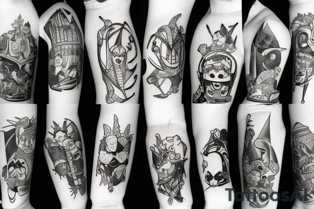 Cartoon  and marvel arm tattoo idea