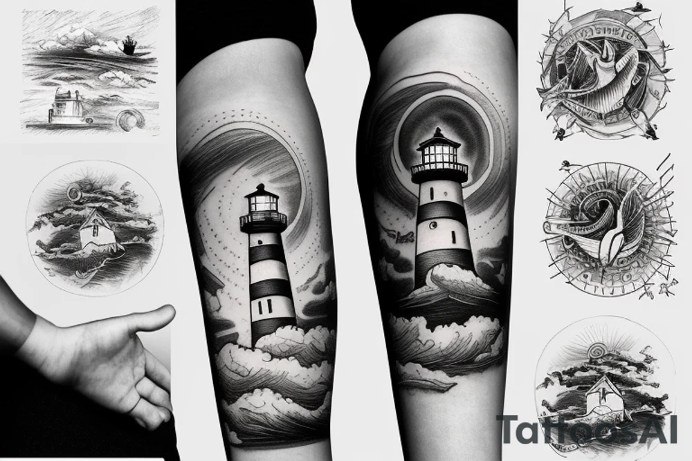 Lighthouse on stormy sun rays above the clouds tattoo idea Lighthouse on stormy sun rays above the clouds tattoo idea
