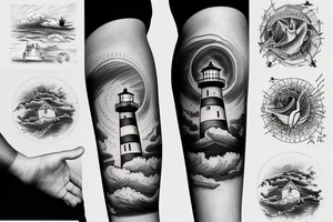 Lighthouse on stormy sun rays above the clouds tattoo idea