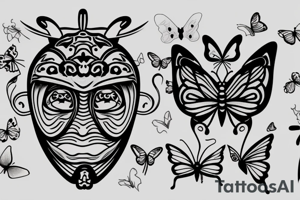 Japanese mask with knife and butterfly tattoo idea