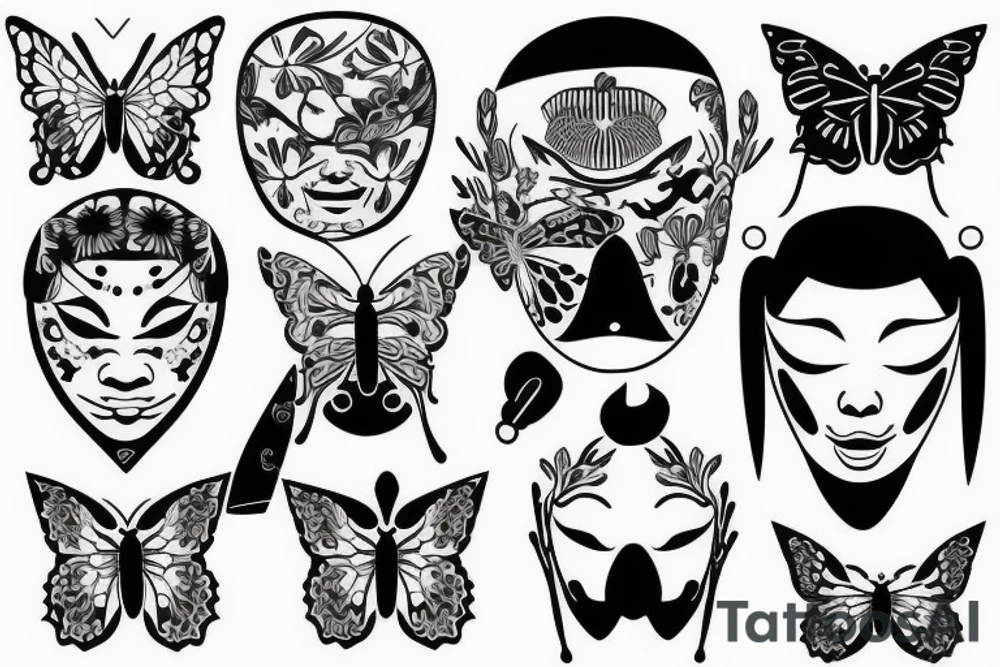 Japanese mask with knife and butterfly tattoo idea
