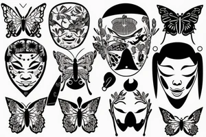 Japanese mask with knife and butterfly tattoo idea