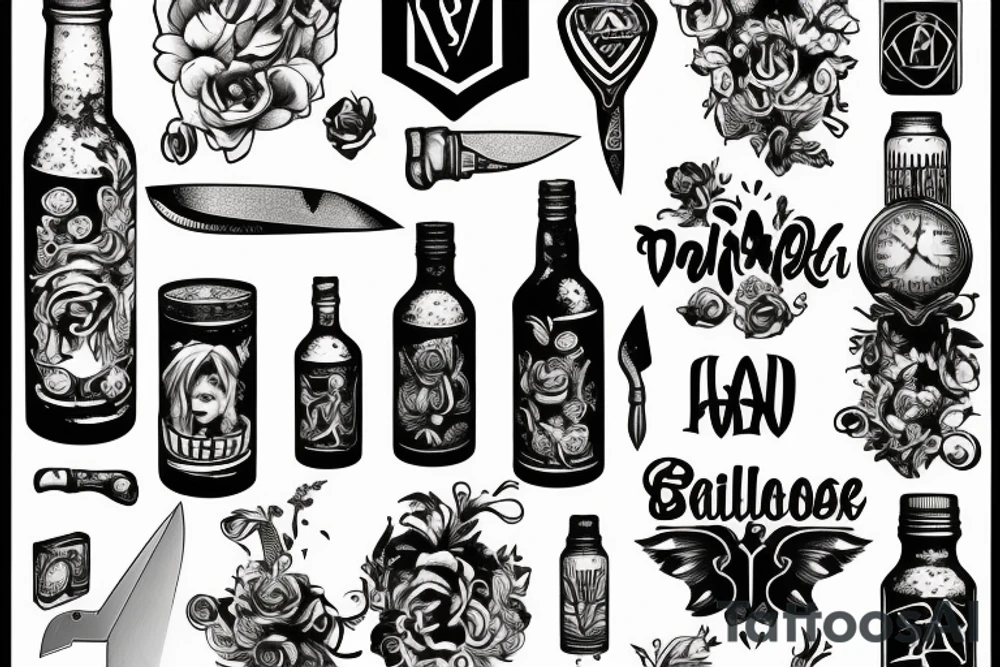 bottle and a knife tattoo idea