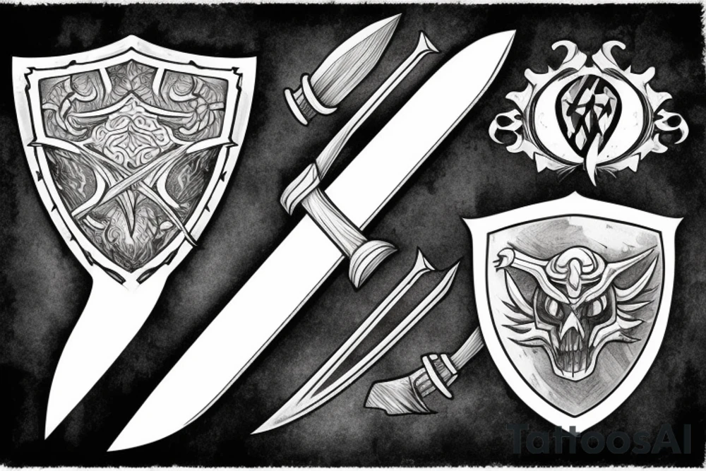 Sword behind shield and Rocks tattoo idea