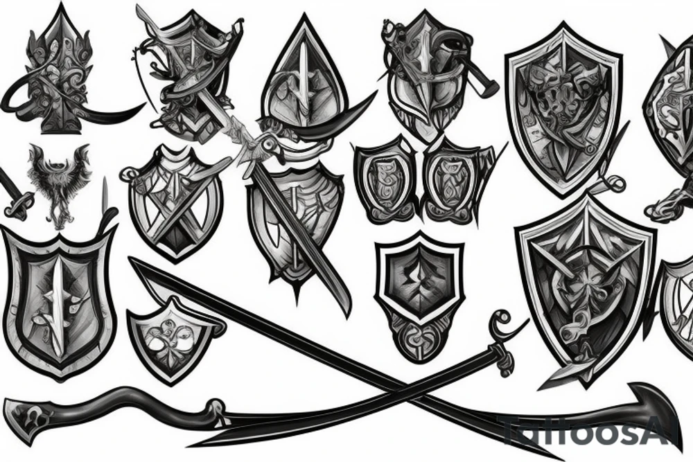 Sword behind shield and Rocks tattoo idea