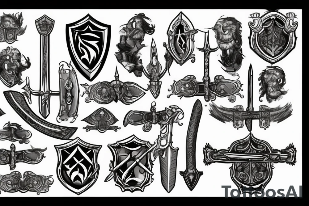 Sword behind shield and Rocks tattoo idea