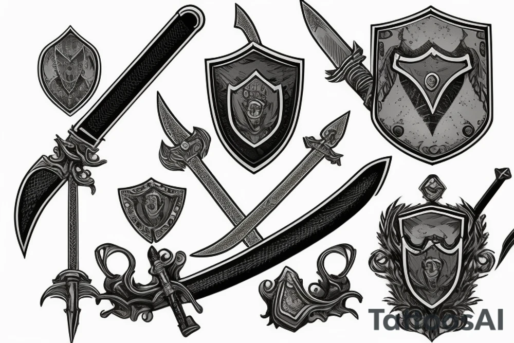 Sword behind shield and Rocks tattoo idea