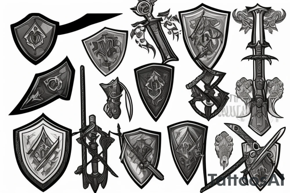 Sword behind shield and Rocks tattoo idea