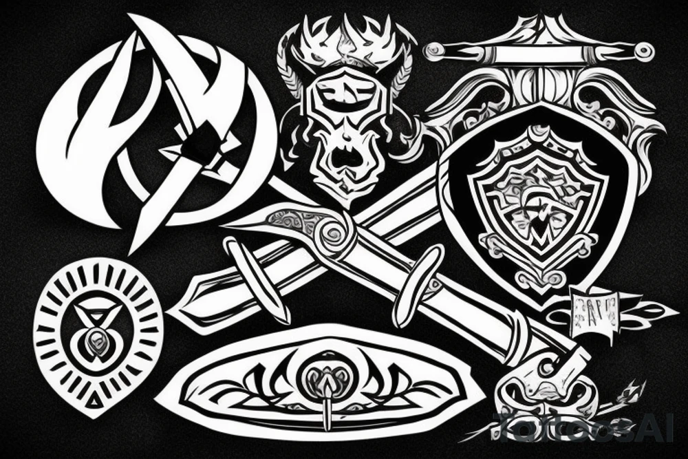 Sword and shield and Rocks tattoo idea