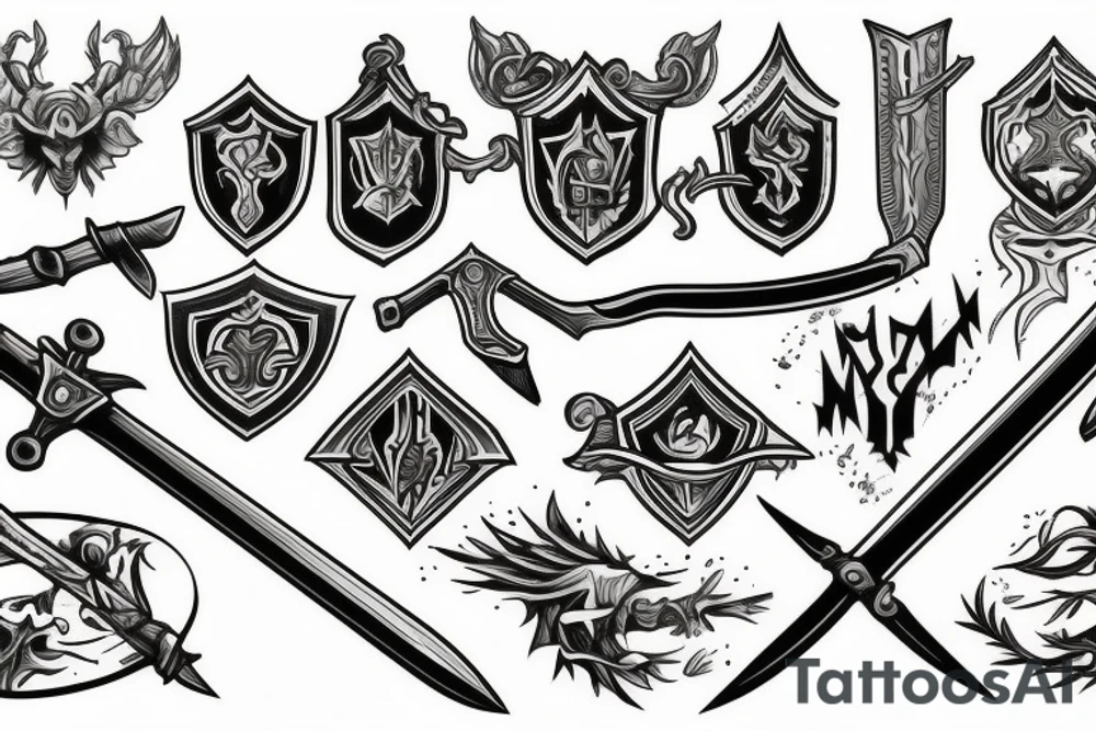 Sword and shield and Rocks tattoo idea