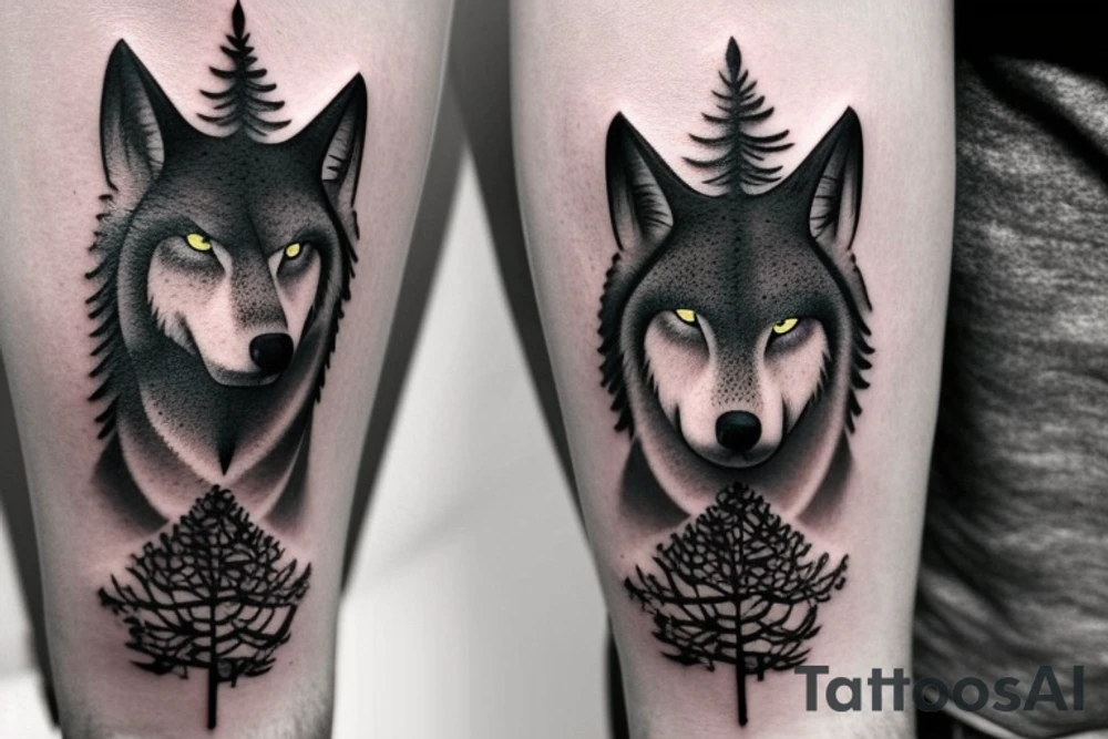 realistic black tattoo wolf in the pine tree forest standing on stone tattoo idea