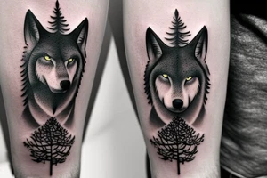 realistic black tattoo wolf in the pine tree forest standing on stone tattoo idea