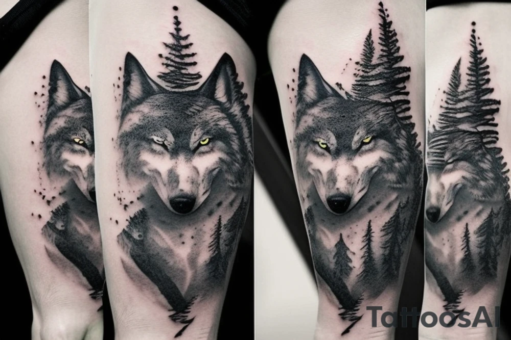 realistic black tattoo wolf in the pine tree forest standing on stone tattoo idea realistic black tattoo wolf in the pine tree forest standing on stone tattoo idea