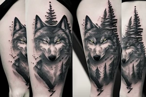 realistic black tattoo wolf in the pine tree forest standing on stone tattoo idea
