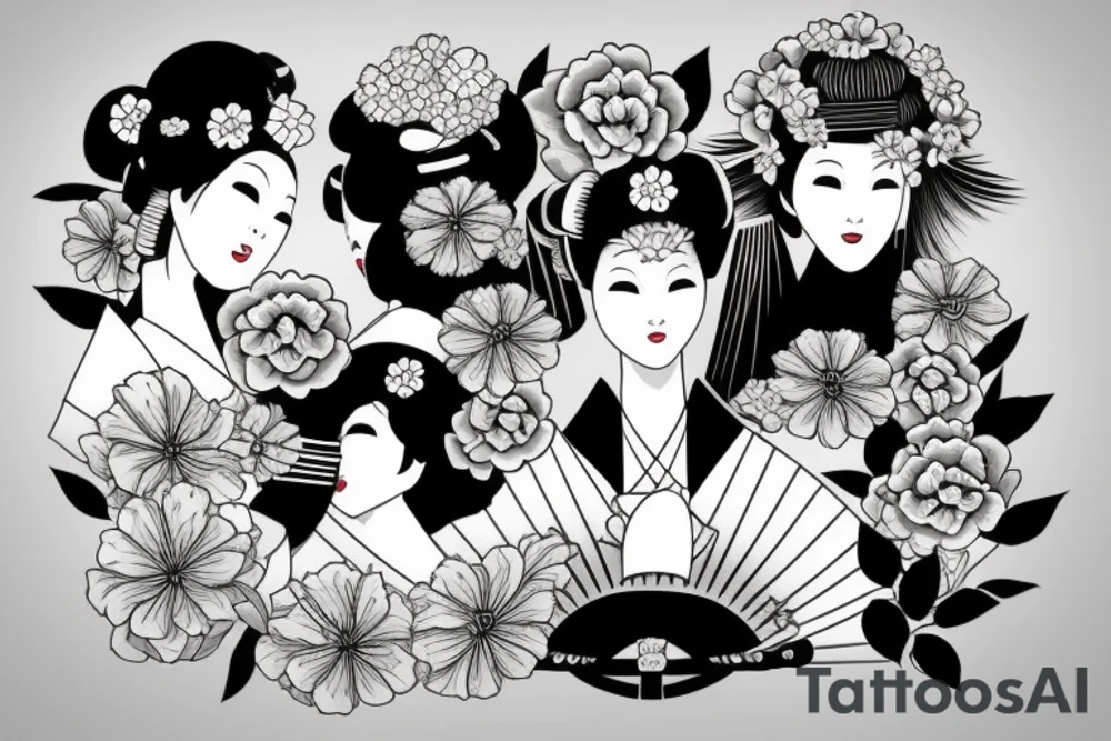 Fan, geisha, flowers tattoo idea