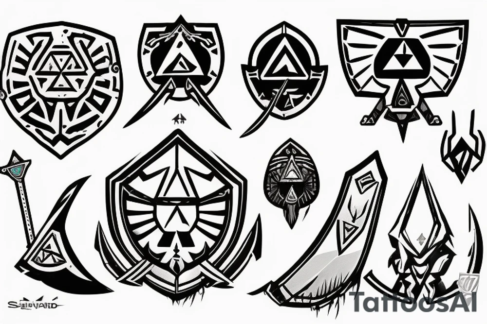 Legend of Zelda sword and shield with influence from the video game Outer Wilds tattoo idea