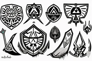Legend of Zelda sword and shield with influence from the video game Outer Wilds tattoo idea