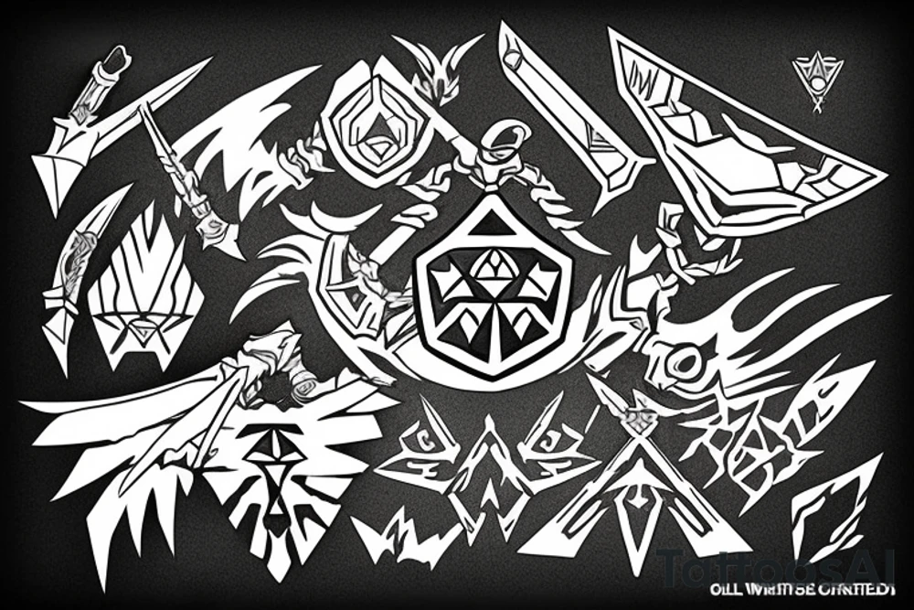 Legend of Zelda sword and shield with influence from the video game Outer Wilds tattoo idea
