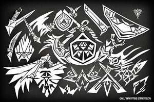 Legend of Zelda sword and shield with influence from the video game Outer Wilds tattoo idea