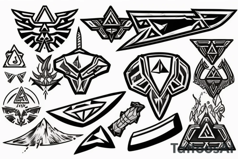 Legend of Zelda sword and shield with planetary imagery from the video game Outer Wilds tattoo idea