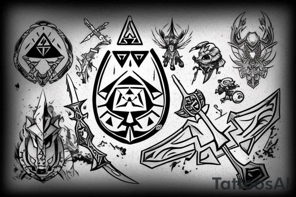 Legend of Zelda sword and shield with planetary imagery from the video game Outer Wilds tattoo idea
