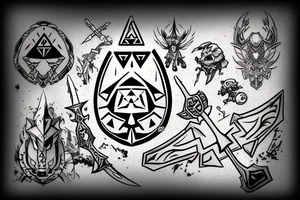 Legend of Zelda sword and shield with planetary imagery from the video game Outer Wilds tattoo idea