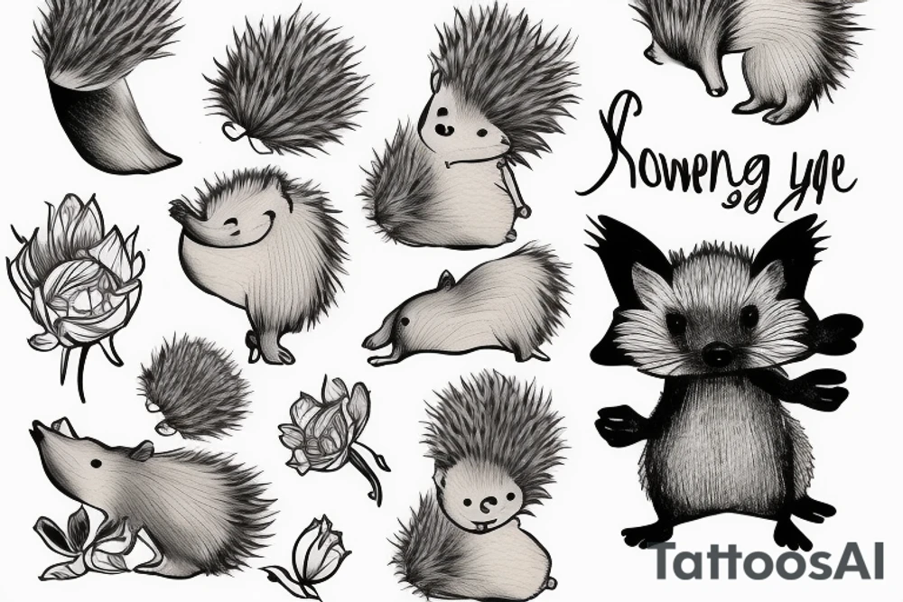 Hedgehog standing on the Feet and smelt a flower tattoo idea