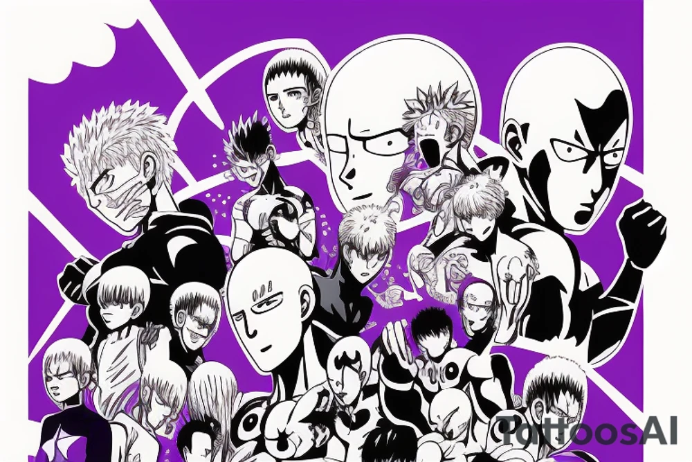 One punch man scene when he says "OK" with purple background but frameless tattoo idea