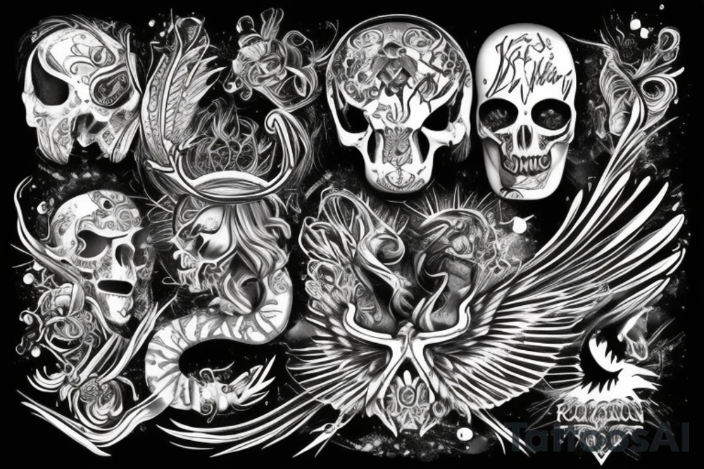 Rękaw na całą rękę przeplatany z lwem, bykiem i smokiem tattoo idea