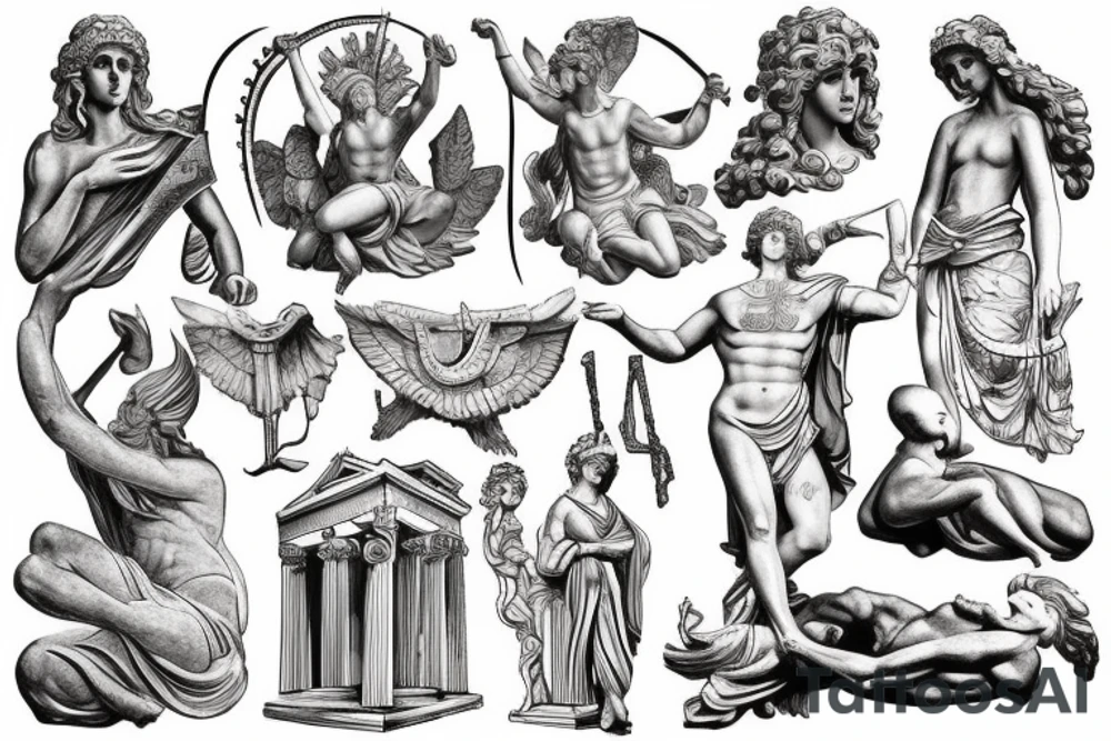 Greek mythology, Greek temple, Statue of David, ligtning tattoo idea