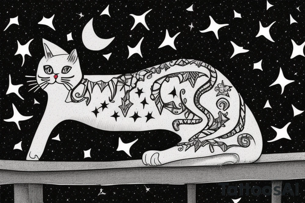 Cat on a roof looking at the stars tattoo idea