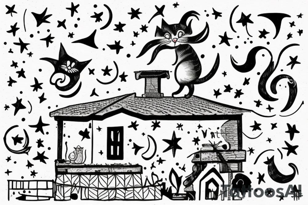 Cat on a roof looking at the stars tattoo idea