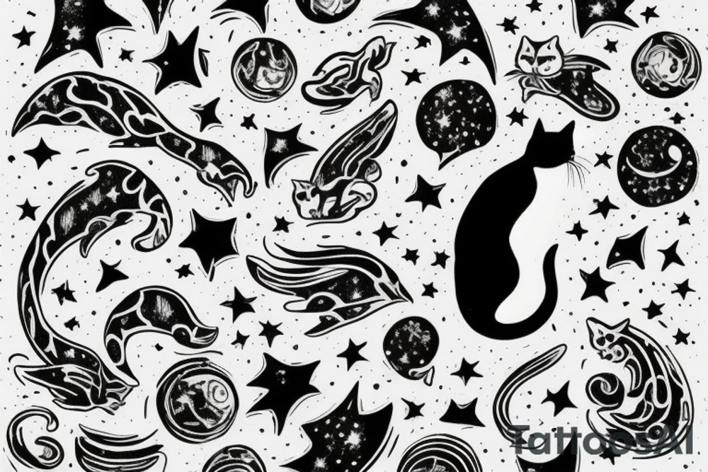 Cat on a roof looking at the stars tattoo idea