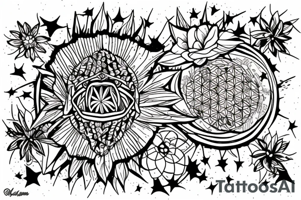 Mountain with flower of life in night sky behind tattoo idea