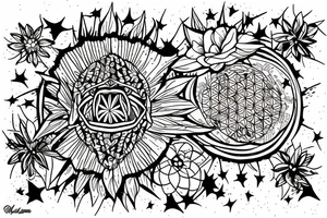 Mountain with flower of life in night sky behind tattoo idea