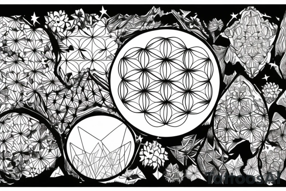 Mountain with flower of life in night sky behind tattoo idea