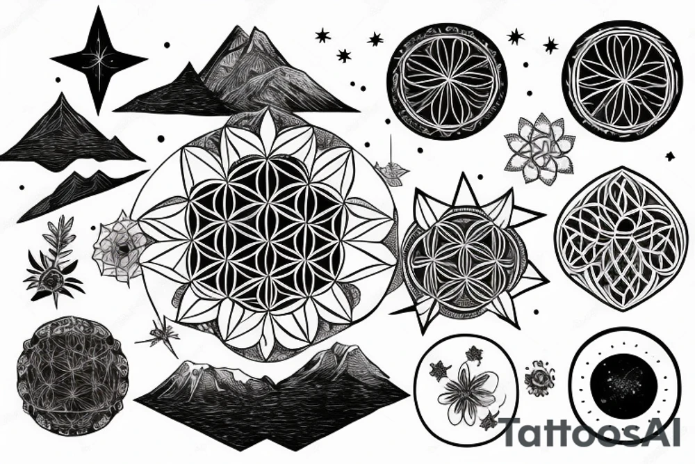 El capitan Mountain with flower of life in night sky behind tattoo idea