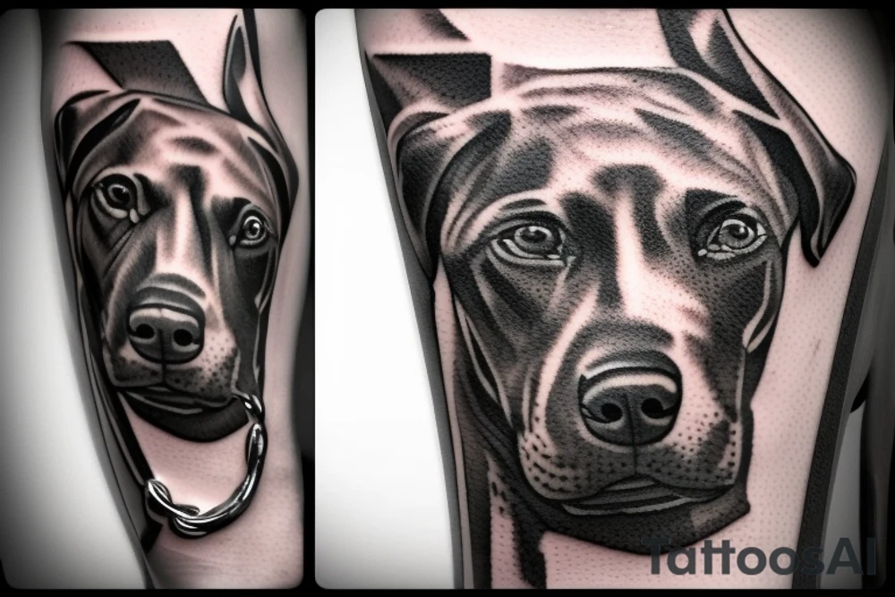 A man holding a barking Doberman on the leash tattoo idea