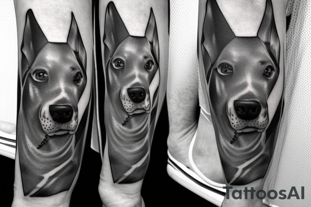 A man holding a barking Doberman on the leash tattoo idea