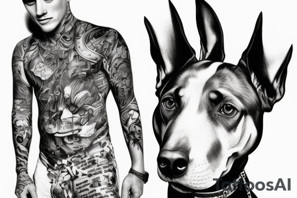 A man holding a barking Doberman on the leash tattoo idea